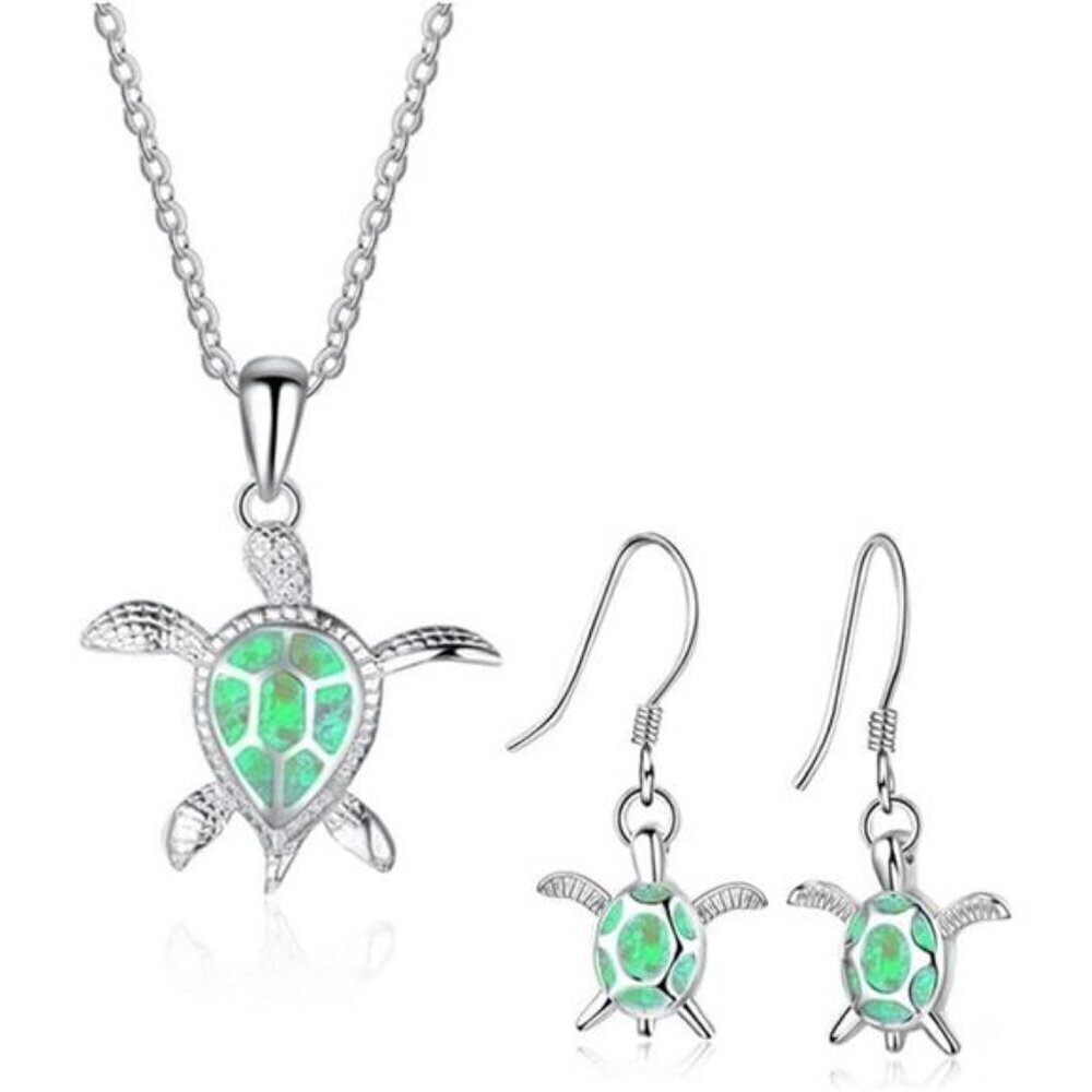 Turtle Necklace Earrings Set for Women Silver Opal Pendant Jewelry Fashion